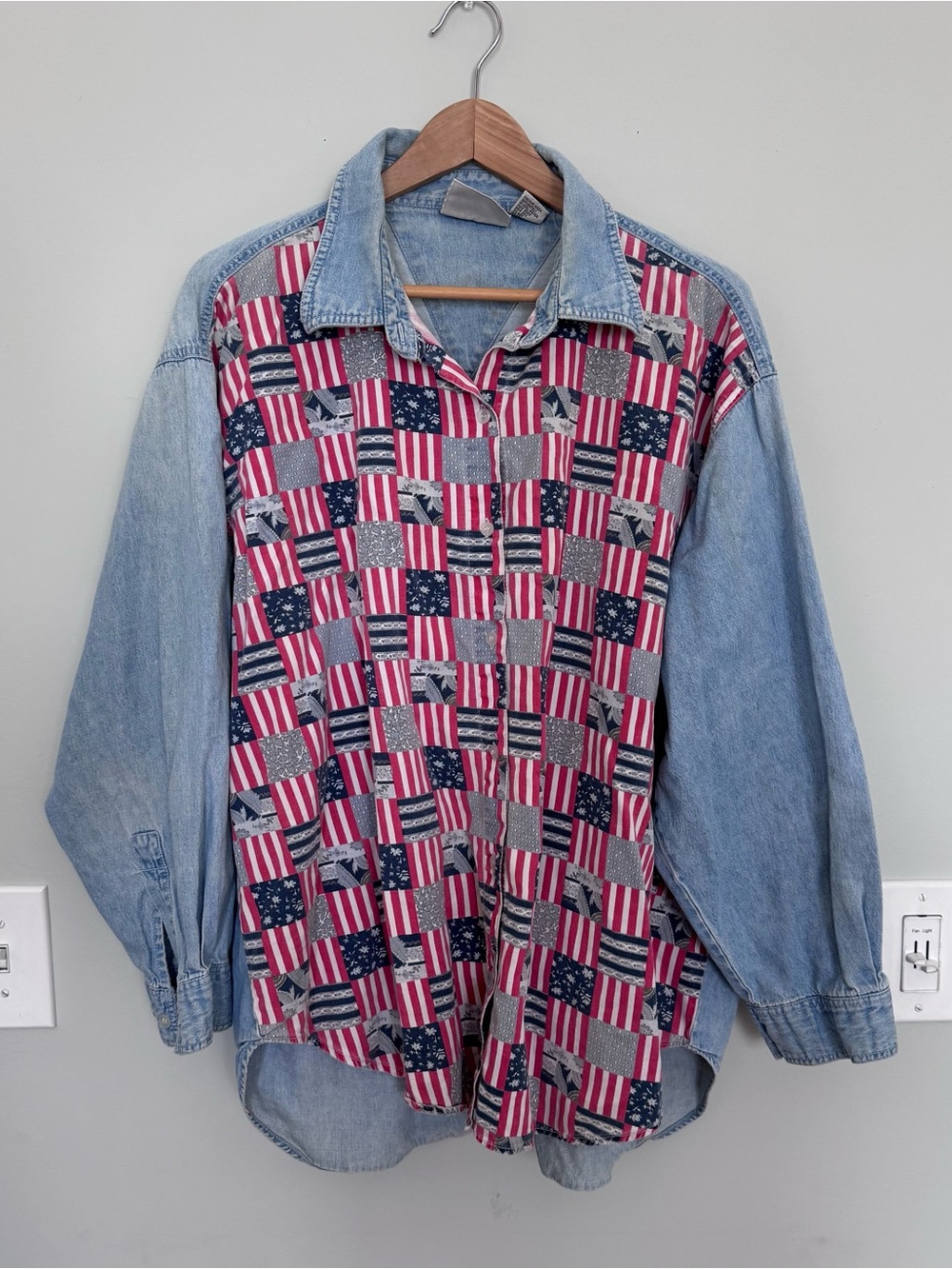 Vintage 90s Americana Denim Patchwork American Flag Button Down Shirt 2X